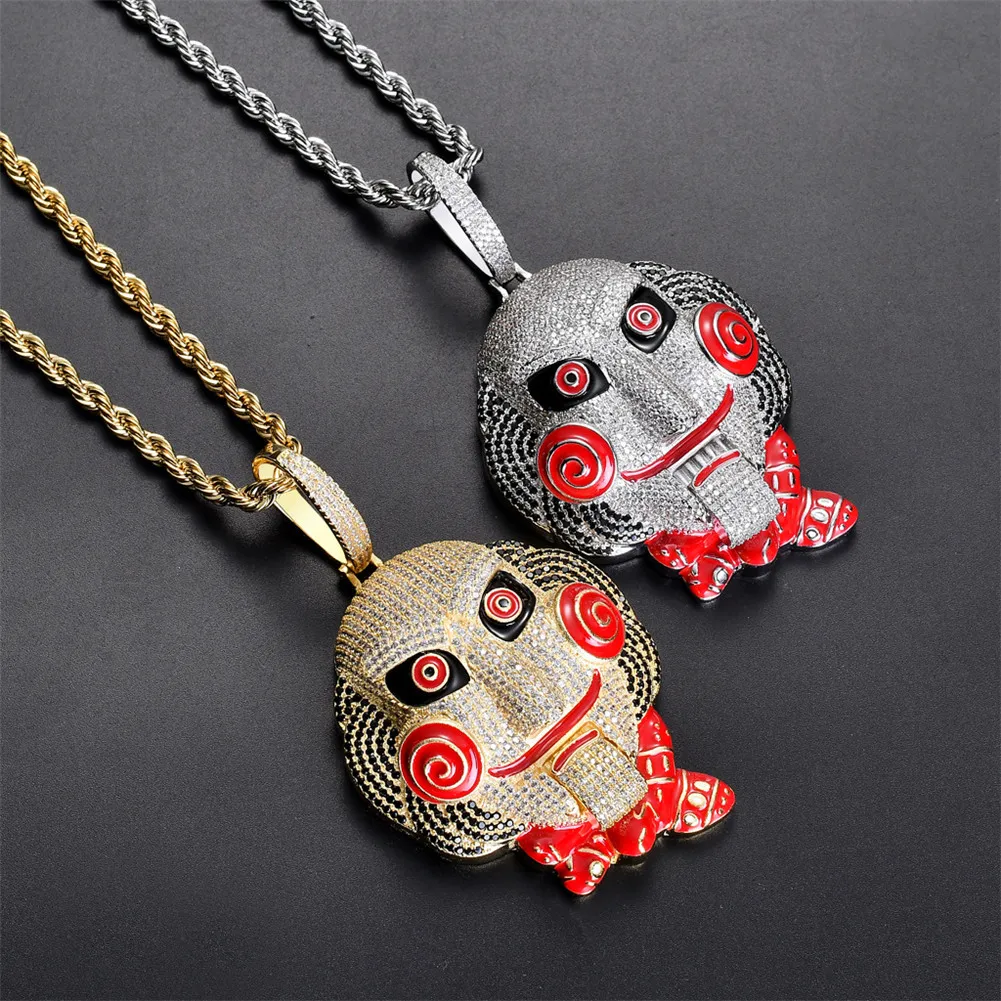 Iced Out Large Size 6ix9ine Mask Doll Pendant Necklace Mouth Can Be Moved Gold Silver Plated Micro Paved Zircon Men Jewelry261w