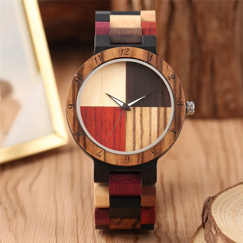 Montre de couple en bois naturel de luxe faite à la main pour hommes et femmes à quartz avec affichage analogique montre-bracelet classique en bambou multicolore en bois 272H