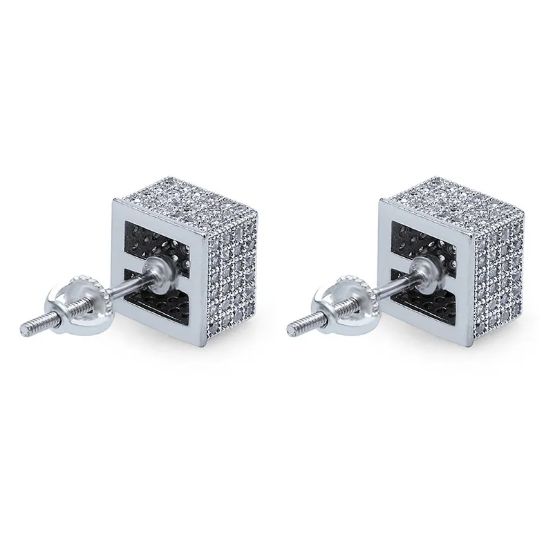 Hip Hop Mens Screw Back Stud örhängen Fashion Square White Zircon Dingle örhängen Guldpläterad Vintage Geometriska smycken Partihandel 2695