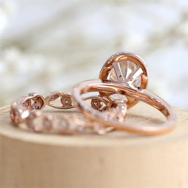 18K Rose Gold Filled Antique Design White Sapphire and Diamond Bridal Wedding Ring Set US Size 5-12219c