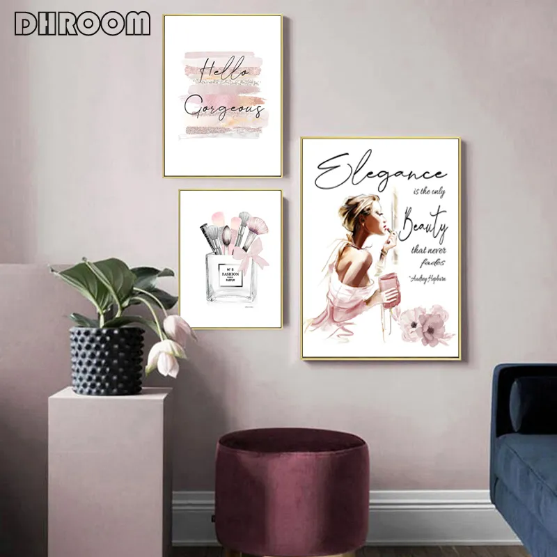 Mode affisch makeup borstar skönhet vägg konst mode böcker tryck canvas målning rosa parfym vägg bilder flicka rum dekor40324444