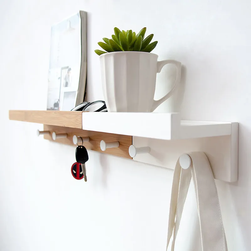 Creative Wall Hanging Solid Wood Hook Rack Nordic Partition Hylla Vägghyllor Pälskrokar Diy vardagsrum Heminredning Key Hook T200249P