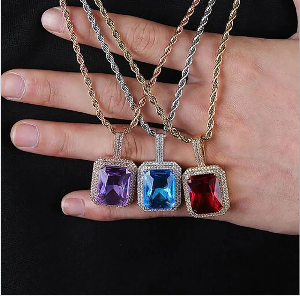 18k Gold Gem Stone Red Blue Purple Black Lab Ruby Pendant Halsband Micro Pave Bling Bling Pendant Hip Hop Jewelry305i