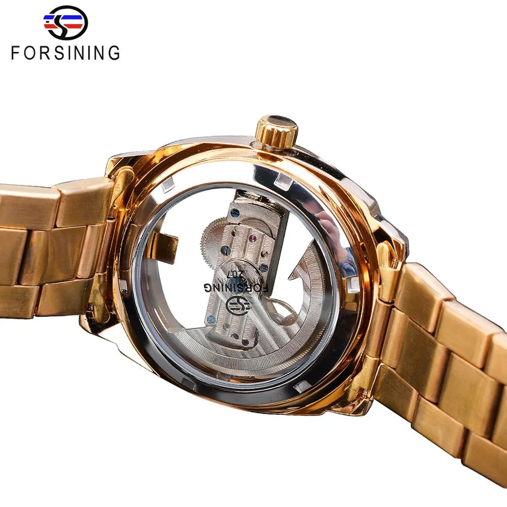 Forsining transparant gouden mechanisch horloge heren steampunk skelet automatische versnelling zelfopwindende roestvrijstalen band klok Montre2221