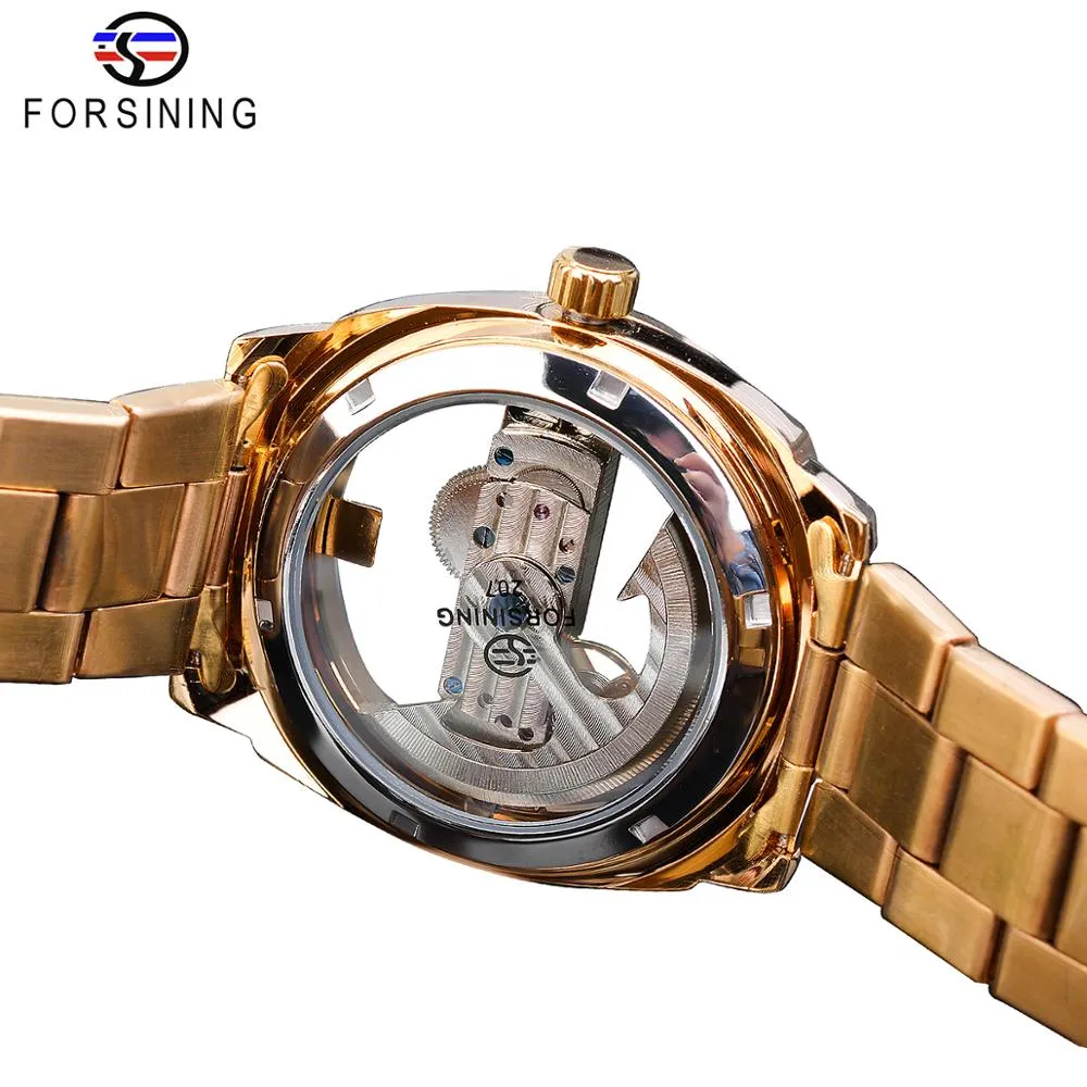 ForSining Transparent Golden Mechanical Watch Mens Steampunk Skeleton Automatic Gear Self Wind Rostfritt Steel Band Clock Montre297p