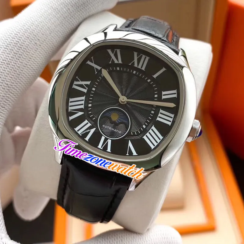 New Drive WSNM0008 Moon Phase Automatic Mens Watch Steel Case Black Texture Dial White Roman Marker Black Leather Strap Timezonewa288U