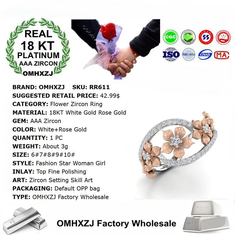 OMHXZJ Цельноевропейское модное кольцо для женщин и девочек, свадебный подарок, цветок, циркон, белое золото 18 карат, кольцо из розового золота RR6116108204