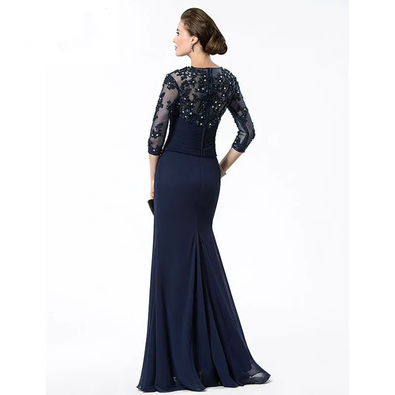 Long Navy Blue Mother of the Bride Dresses 2019 Chiffon Perline Appliques corpetto Sheer 3 4 maniche madri Abiti da sera 193J