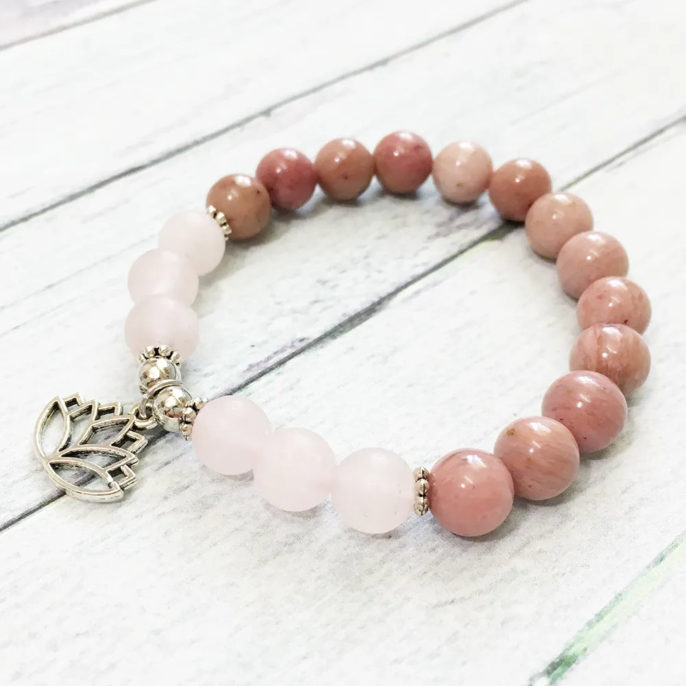 MG0513 NIEUW Design Dames Chakra Bracelet Matte Rose Quartz Rhodonite Bracelet Lotus Yoga Balance Sieraden Whole308Q