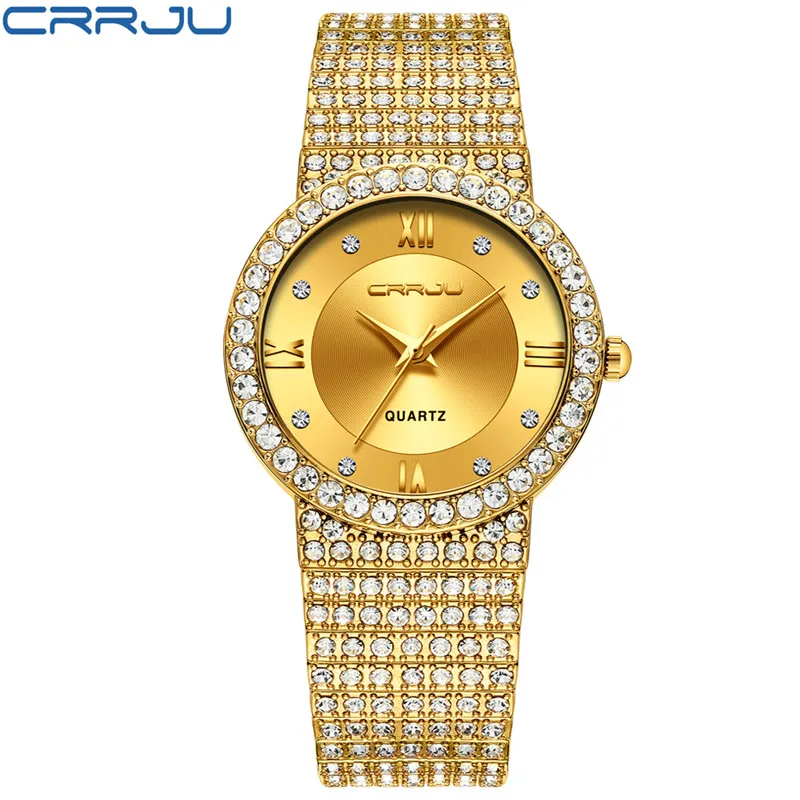 Crrju Luxury Brand Fashion Watch Women Men Jewelry Bracet Rhinestone Lover Watches Ladies Quartz Couple Wristwatch for Gift relo263j