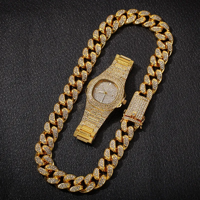 Men Iced Out Diamond Cuban Link Chain Rose Gold Silver Watch Necklace Bracelet Set Hip Hop Bling Chains Jewelry244T