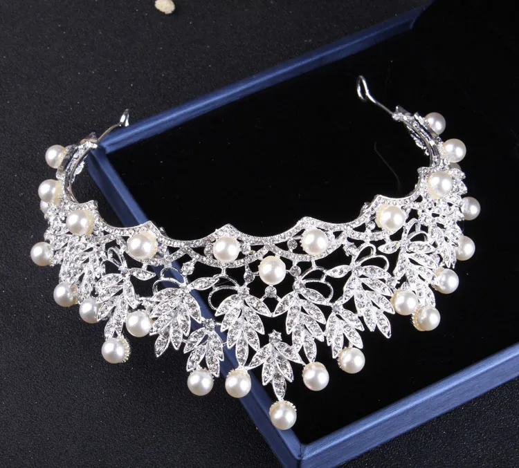 Charming Silver Pearls Bridal Jewelry Sets Suits Necklace Earrings Tiaras Crowns Bridal Accessories Wedding Jewelry Sets 254p