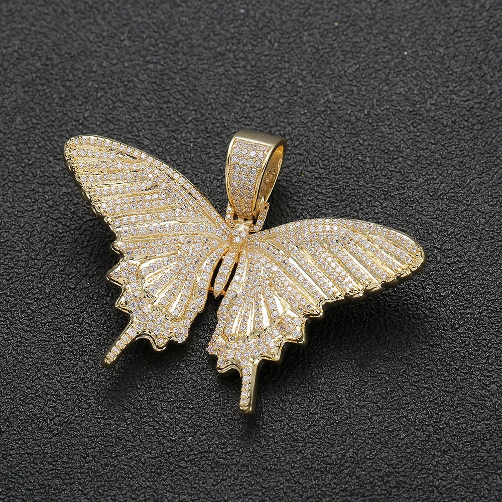 Collier avec pendentif papillon Animal glacé, avec chaîne en corde, or, argent, Zircon cubique, pour hommes et femmes, bijoux Hip hop Rock, 240v