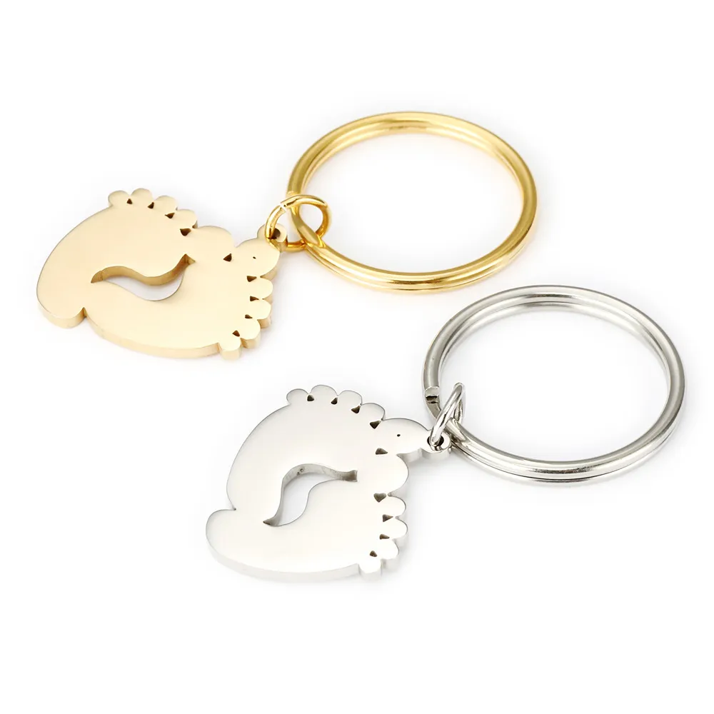 Steel Gold Stainless Steel Baby Foot Key Chain Blank For Engrave Metal Baby Feet Keychain Mirror Polished Whole 268C