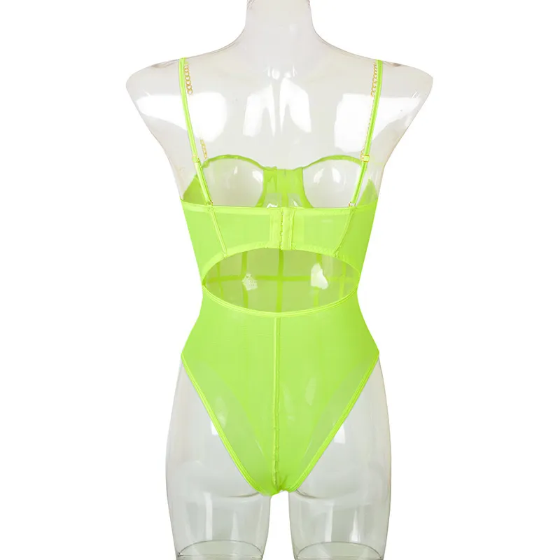 Neon Green Mesh Transparante Bodysuit Sexy Dames Backless Striped Mouwloze Overalls Party Mode Spaghelti Riem Rompertjes 210517