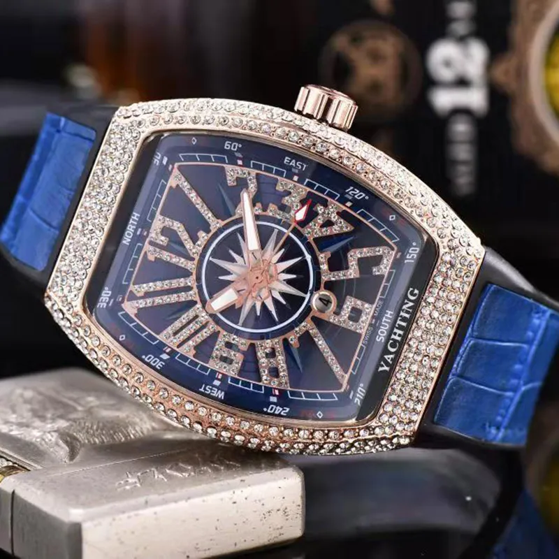 Luksusowe zegarki dla mężczyzn Designer Kwarc Watch Vanguard All Diamond Case Wysokiej jakości zegarek skórzany pasek na zewnątrz Montre de291r