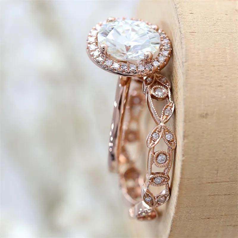 Ensemble de bagues de mariage en or rose 18 carats, design antique, saphir blanc et diamant, taille américaine 5-12270x