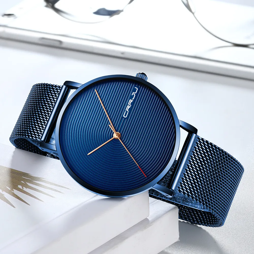 Reloj CRRJU de lujo para hombre, reloj minimalista a la moda con correa de malla ultrafina azul, reloj de pulsera deportivo informal resistente al agua para hombre, regalo para Men352A