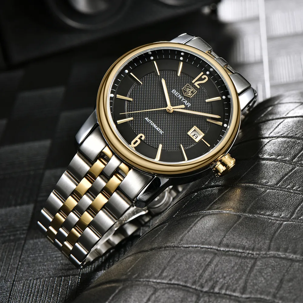 BENYAR Fashion Top Luxe Merk Lederen Horloge Set Automatische Mannen Horloge Mannen Mechanische Stalen Horloges Relogio Masculino273f