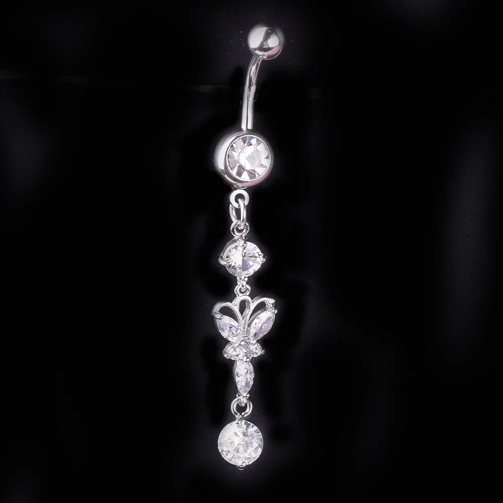 Sexy Long Zircon Wasit Danse Du Ventre Cristal Bijoux De Corps En Acier Inoxydable Strass Nombril Cloche Bouton Piercing Dangle Anneaux pour Les Femmes