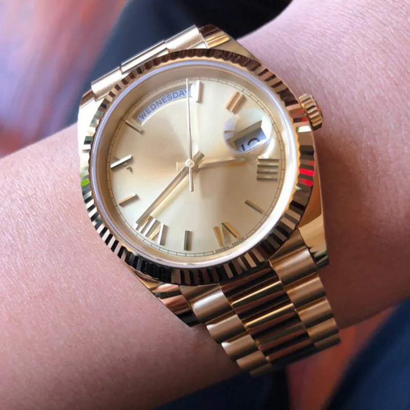 18-каратное золото President Date Sapphire Cystal Женевские мужские часы с автоматическим механическим механизмом Мужские роскошные часы с понедельника по воскресенье2703