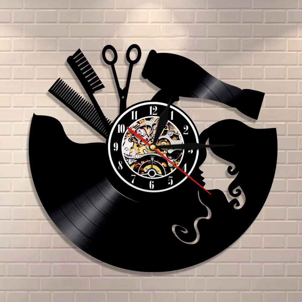 Peigne Ciseaux Sèche-cheveux Salon De Beauté Horloge Murale Coiffeur Vinyle Record Horloge Vintage Barber Mur Signe Coupe De Cheveux Mur Art Cadeau Y200109