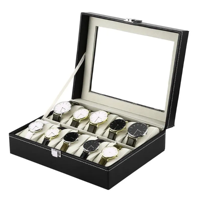 Boîtes de montres en cuir PU, 10 grilles, support de montre-bracelet, vitrine de montres, boîtes de rangement rectangulaires pour bijoux FO 266e