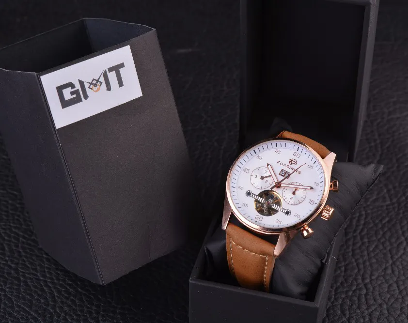 Forsining montre Style de mode britannique bracelet en daim montres pour hommes Top marque de luxe Tourbillion montre mécanique automatique horloge Men177b