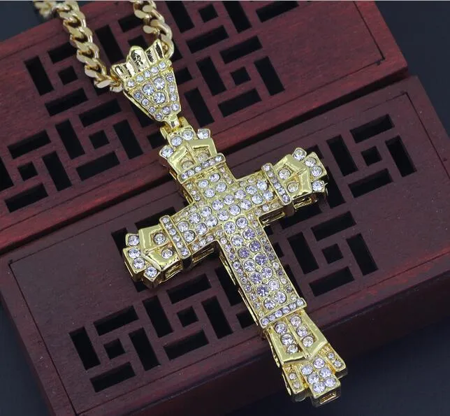 18k guldpläterad rostfritt stål kubansk kedja vatten diamant retro cutout cross hänge halsband241s