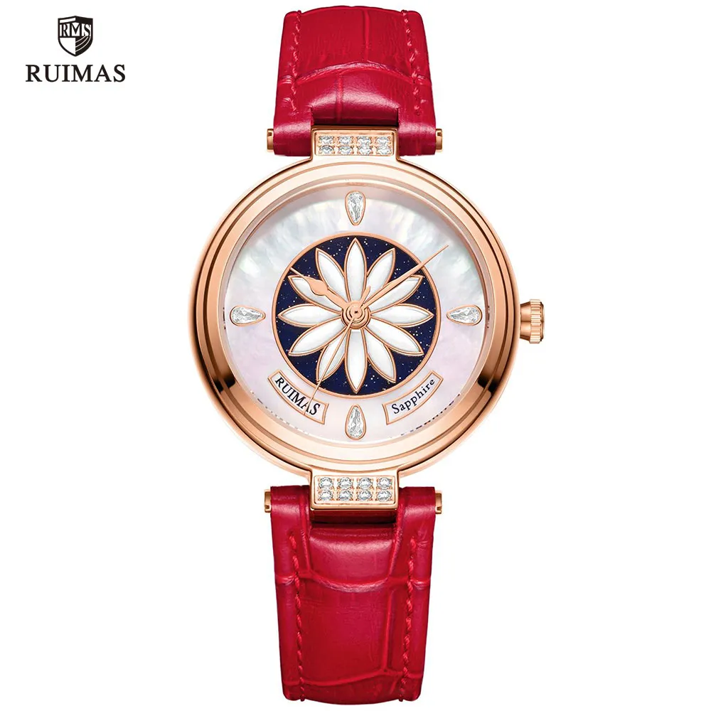 Ruimas Women Watches Luxury Red Leather Strap Automatisk armbandsur Flower Dial Mechanical Watch Lady Girls Waterproof Clock 6776292Y