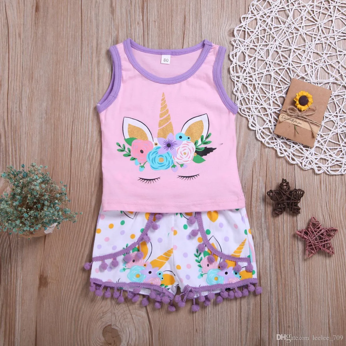 Vêtements de créateurs pour enfants Tenues pour filles Enfants Licorne Hauts à manches courtes Shorts à pompon set 2019 Boutique d'été Vêtements pour bébé S6462583