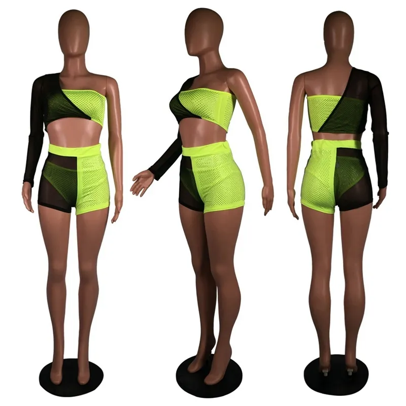 Sexy Club Outfit 3 pezzi Set Summer Festival Abbigliamento Mesh One Shoulder Crop Top Pantaloncini Set Neon Matching Set T200116