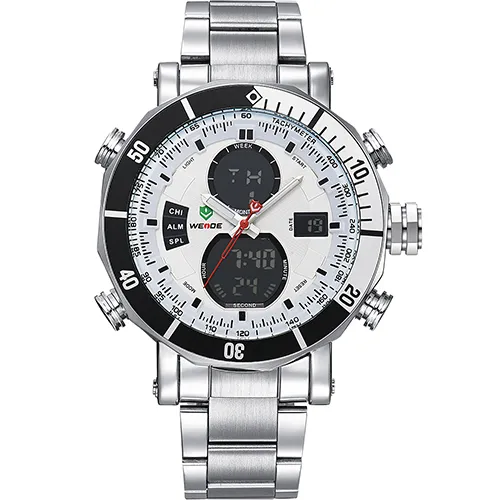 Weide Mens Quartz 디지털 스포츠 자동 날짜 백 광 경보 리피터 다중 시간 구역 스테인리스 스틸 밴드 시계 손목 Watch346x