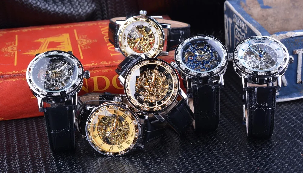 Gewinner Schwarz Goldene Retro Leuchtzeiger Mode Diamant Display Herren Mechanische Skeleton Armbanduhr Top-marke Luxus Uhr Wat2388