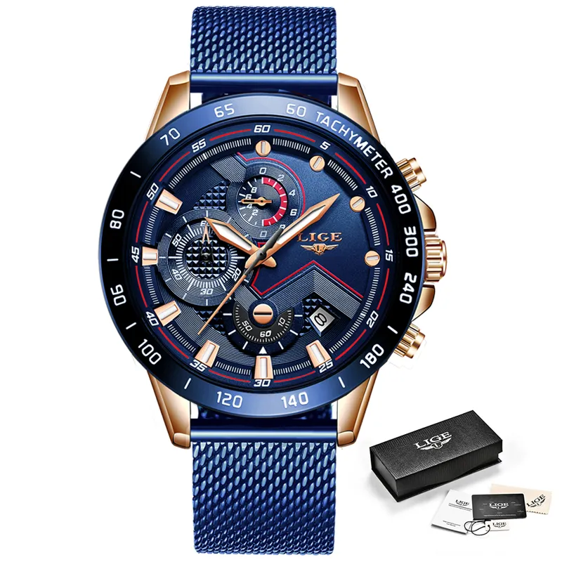 2019 LIGE nouvelle montre décontractée pour hommes Date montres à Quartz Sport chronographe mode bleu maille ceinture montre Relojes Hombre264N