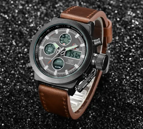 GOLDENHOUR Dropship hommes montre à Quartz affichage numérique montre-bracelet militaire en cuir montres étanche mâle horloge Relogio Masculino259m