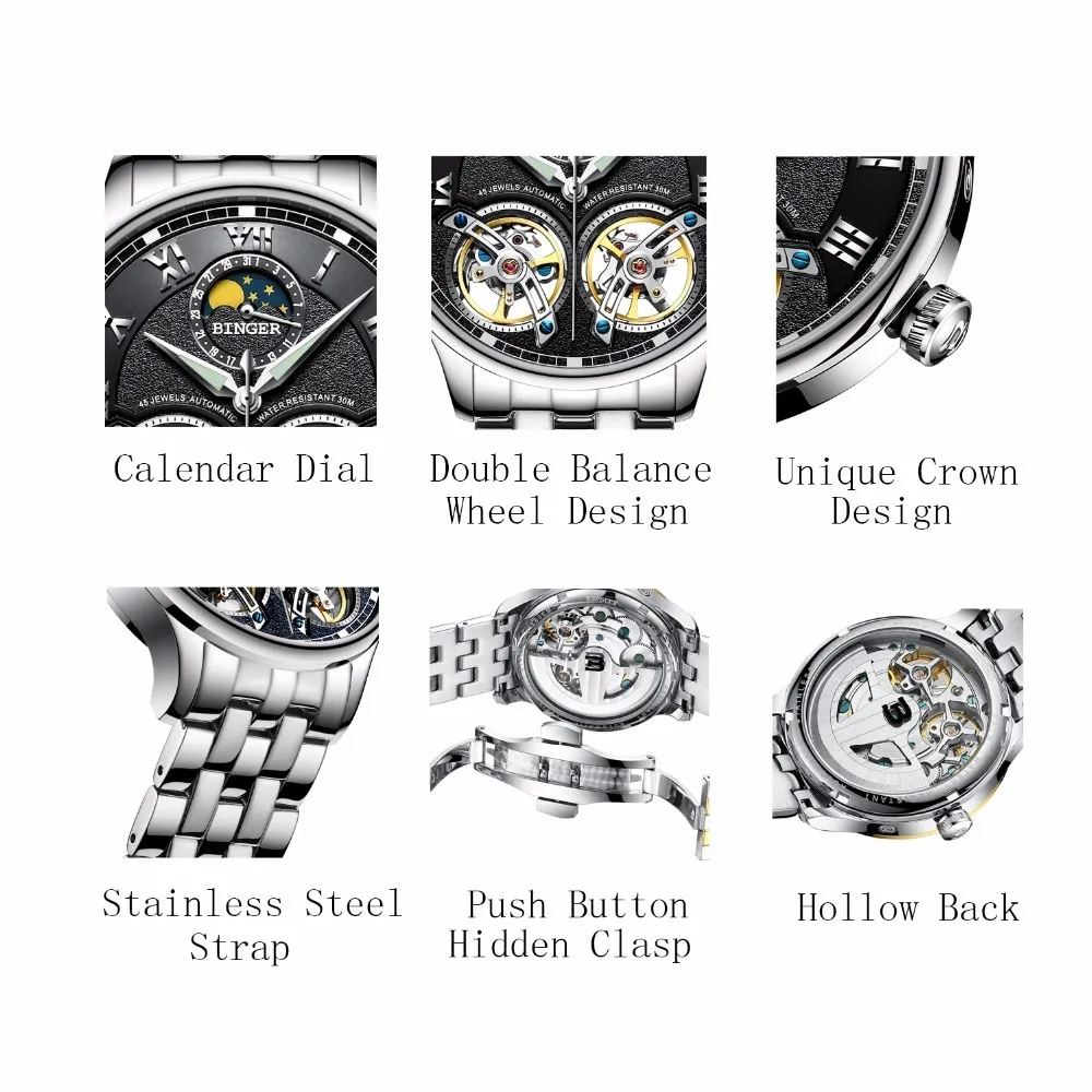 Double Switzerland Uhren Binger Original Herren-Automatikuhr Selbstaufzug Mode Herren mechanische Armbanduhr Leder Y1905150256i