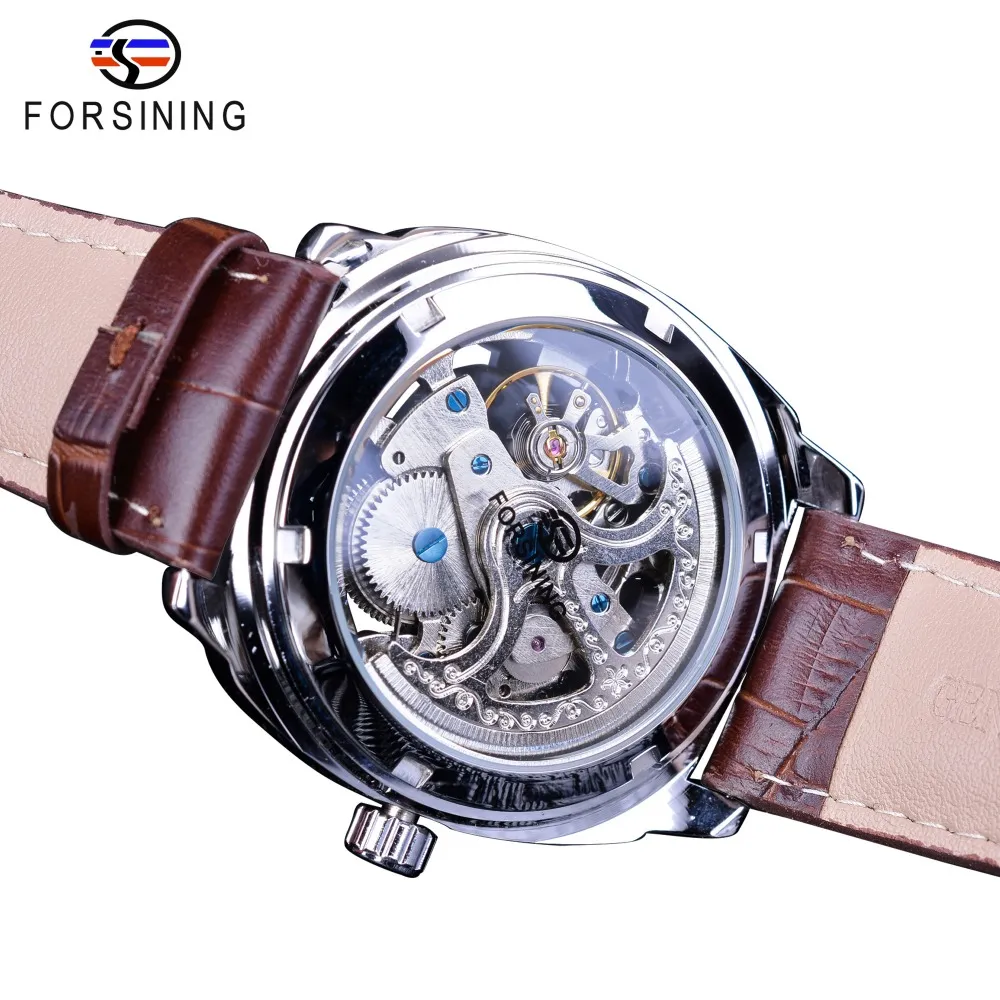 Forsiner 2018 Silver Skeleton horloge marron en cuir authentique résistant à l'eau Automatique Automatique Automatique pour hommes Sports Matchs272S