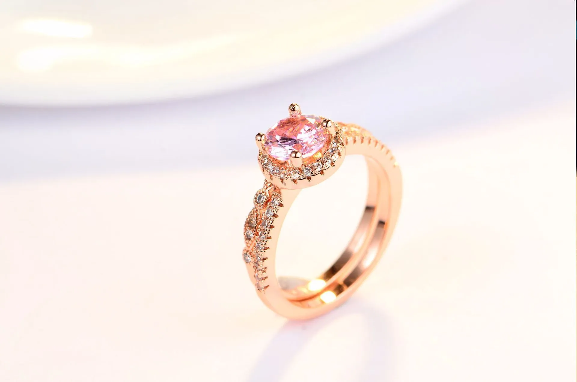 Omhxzj cała osobowość moda ol woman girl impreza ślubna Pink różowy szczupły cyrkon 18KT Rose Gold Ring Zestaw RN1019364962