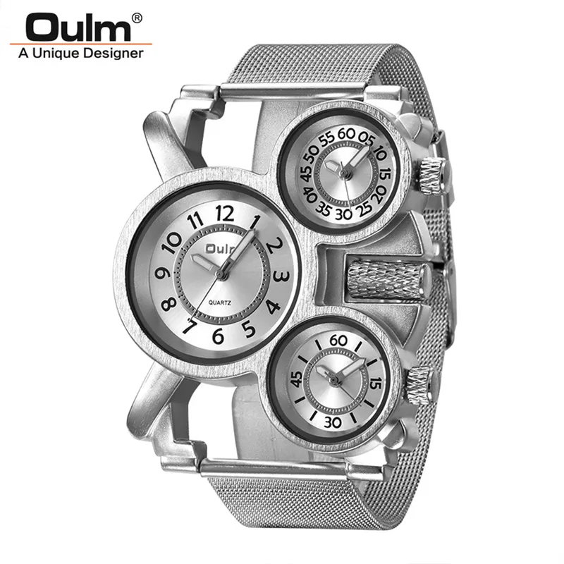 Часы Oulm с несколькими часовыми поясами, мужские сетчатые стальные ремешки, корпус из сплава, спортивные часы с тремя разными часовыми поясами, мужские наручные часы1805
