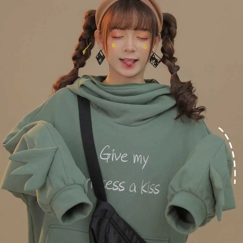 Nicemix mulheres outono espessura solta moletom cartas harajuku impresso adorável sapo casual hoodies com capuz pulôver fêmea engrossar c t200402