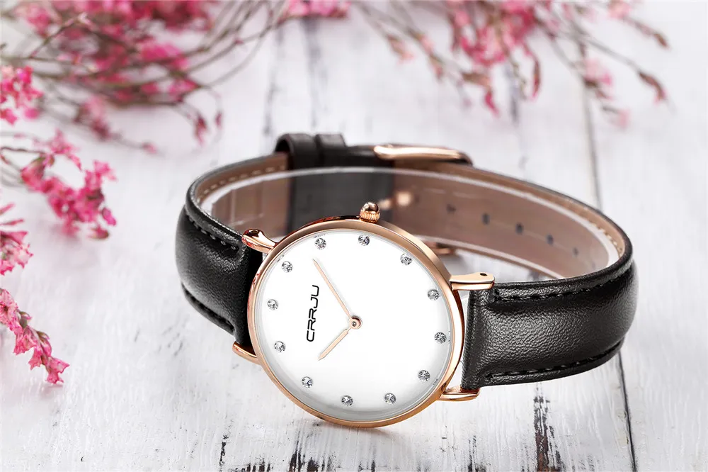 CRRJU женские роскошные кварцевые часы со стразами женские ультратонкие модные классические модельные наручные часы с кожаным ремешком Relogio Feminino200S