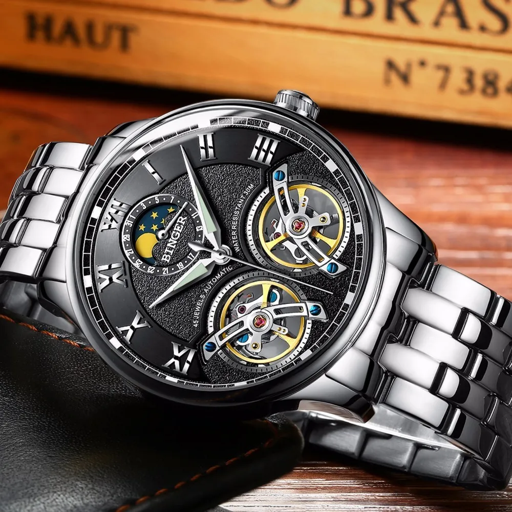 Двойные швейцарские часы Binger Оригинальные мужские автоматические часы с автоподзаводом Модные мужские механические наручные часы из кожи Y1905150256i