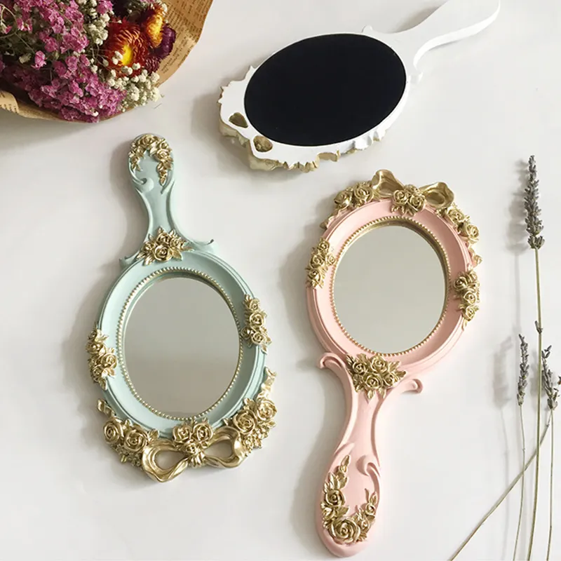 Cute Creative Wooden Vintage Hand Mirrors Makeup Vanity Mirror Rectangle Hand Hold Cosmetic Mirror with Handle for Gifts T2001391698