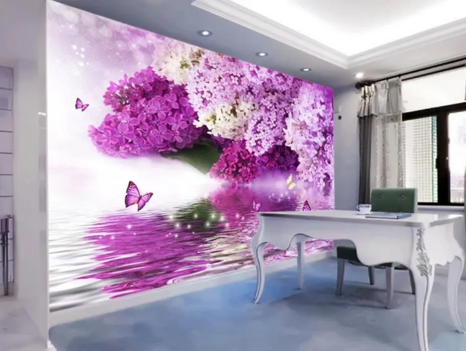 Purple flower hydrology reflection butterfly background wall modern living room wallpapers2066