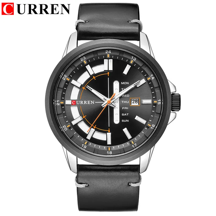 Curren Casual Leather Business Business Wrists Classic Black Quartz Men's Watch Afficher Date et semaine Male étanche CLOC156Q