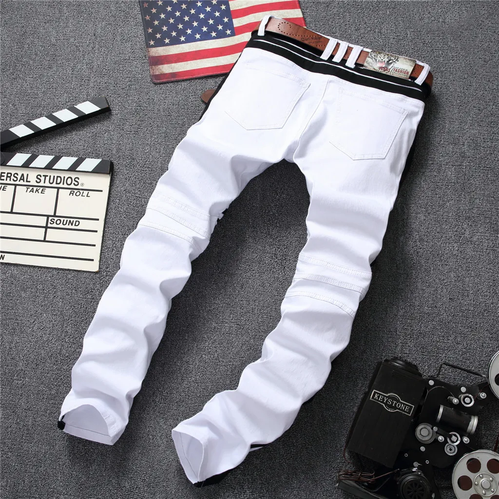 Nouveau trou blanc hommes jean droit nouvelle marque Denim jean avec fermetures à glissière contraste couleur rayure mâle pantalon mince grande taille Trouse276q