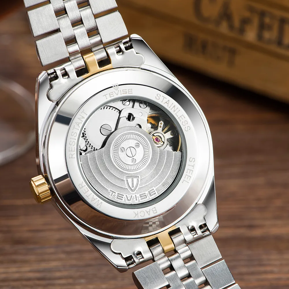 TEVISE Moda Relógio Automático Masculino Relógios Mecânicos Luminosos Mostrador Dourado Esqueleto Relógio Masculino de Negócios Relógios de Pulso 200H