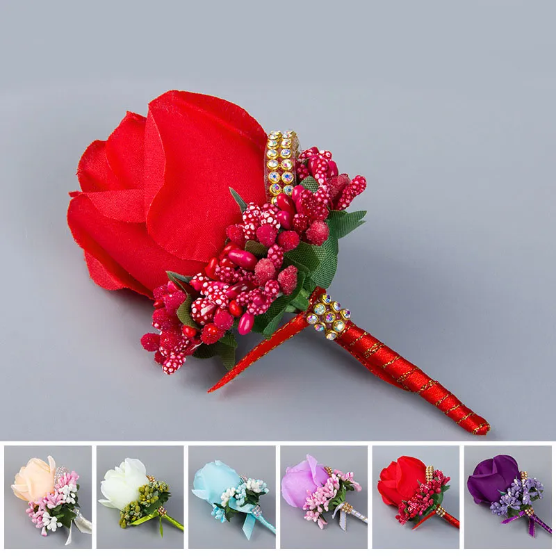 装飾的な花の花輪メンズシミュレーションシルクローズブートニエールピンブローチウェディングデコレーションフラワーグルームコサージカラー231z