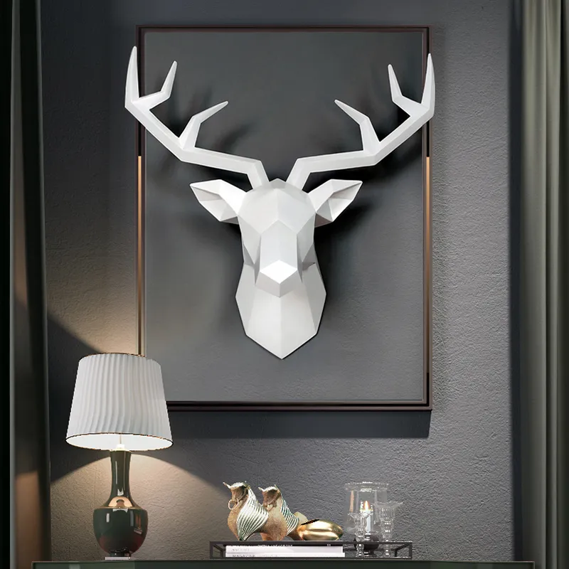 3D鹿の頭の彫刻ホームデコレーションアクセサリー幾何学鹿の頭抽象彫刻部屋の壁装飾樹脂シカ像T200330